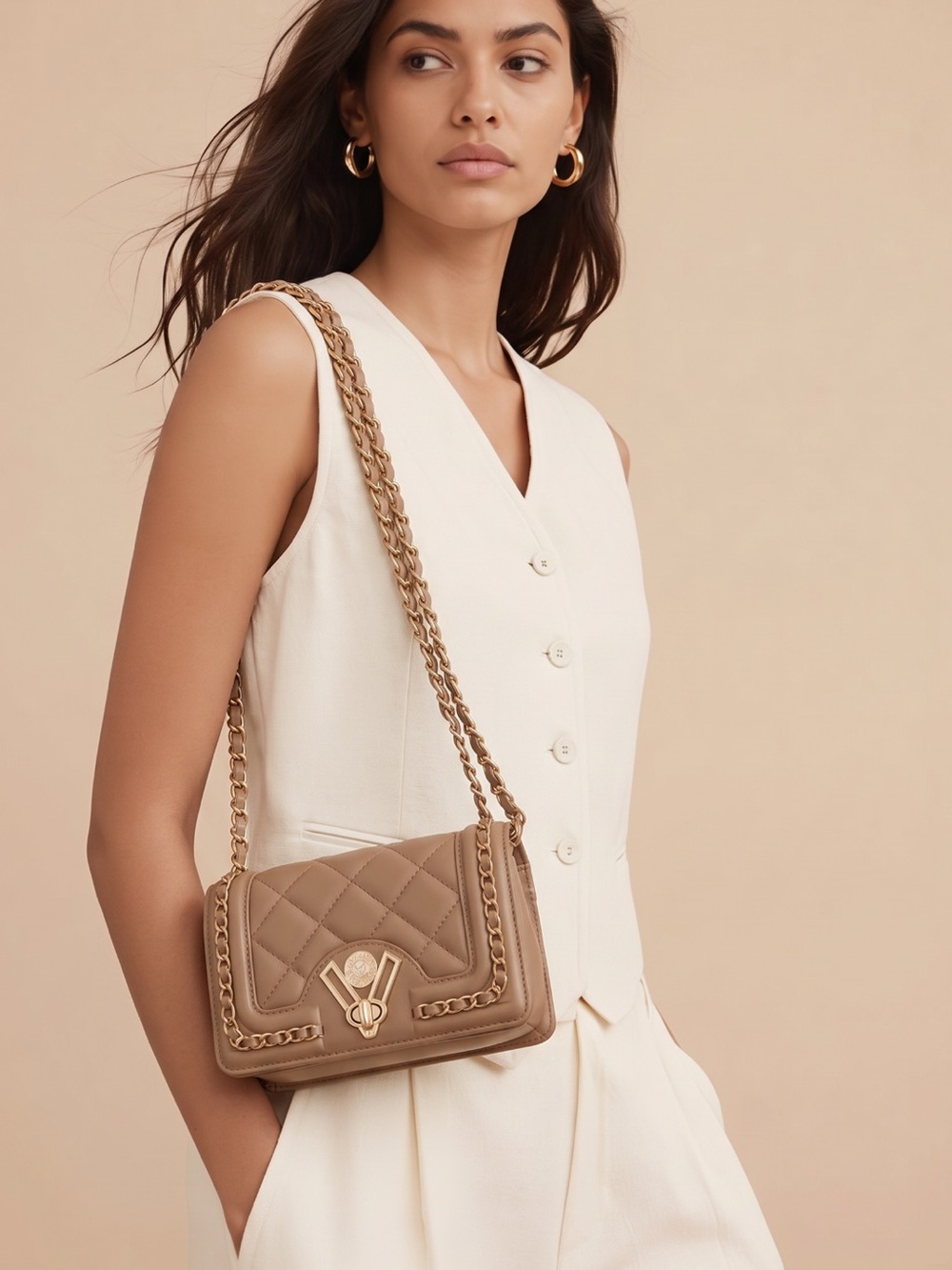 🛑✋PRICE DROP 🛑✋NWT Authentic Elegant Tan Quilted Chain Bag Valentino Orlando.